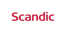 Red Scandic hotel wordmark on a light background